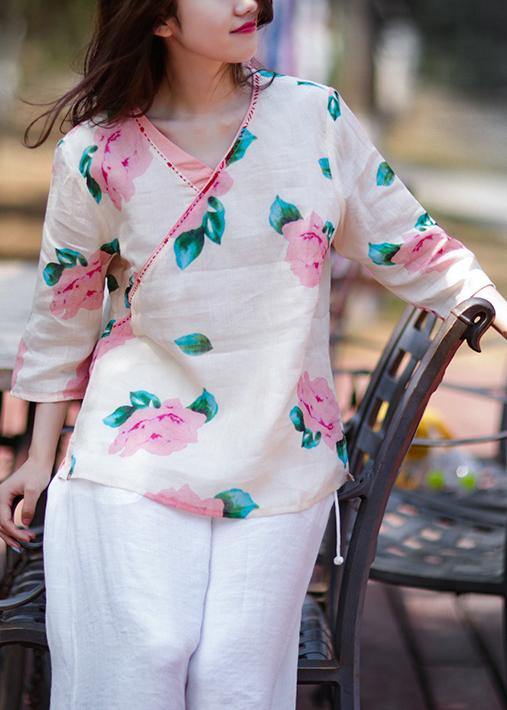 Style V Neck Linen Tunic Design Pink Print Blouse