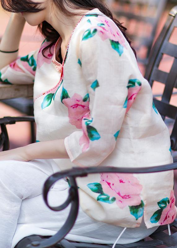 Style V Neck Linen Tunic Design Pink Print Blouse