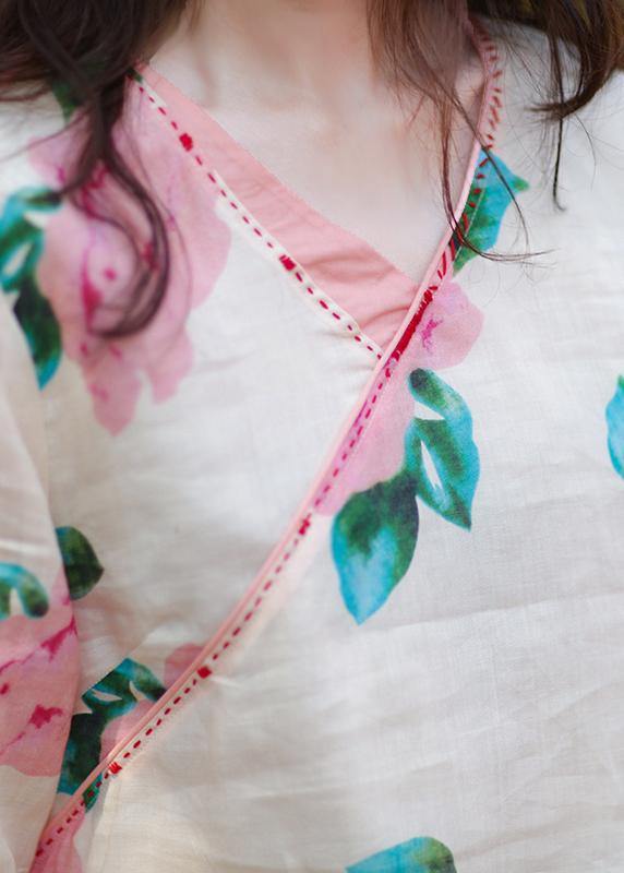 Style V Neck Linen Tunic Design Pink Print Blouse