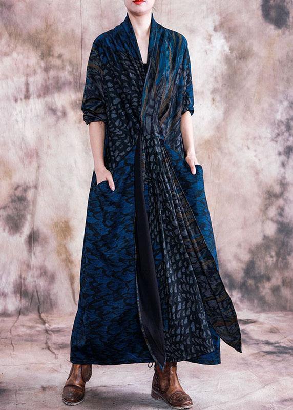 Style V Neck Pockets Outfits Blue Print Loose Dress Fall