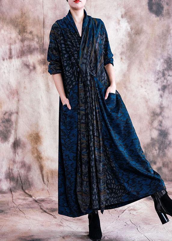 Style V Neck Pockets Outfits Blue Print Loose Dress Fall