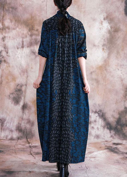 Style V Neck Pockets Outfits Blue Print Loose Dress Fall