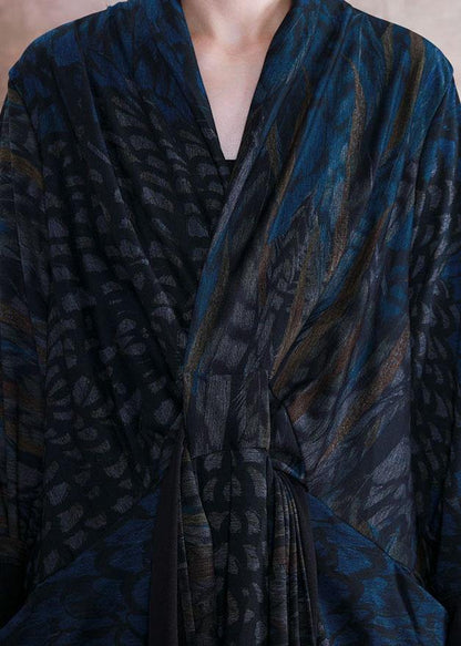 Style V Neck Pockets Outfits Blue Print Loose Dress Fall