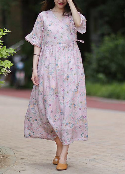 Style V Neck Tie Waist Linen Long Shirts Outfits Pink Print Dress