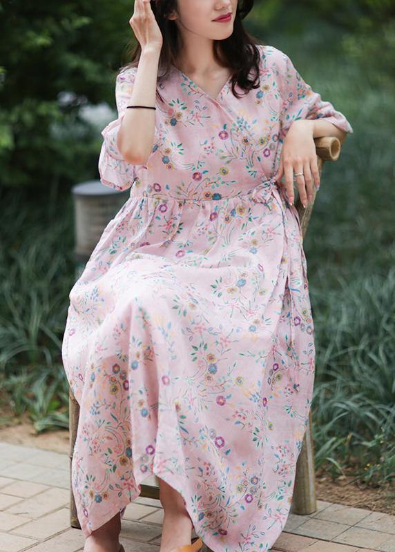 Style V Neck Tie Waist Linen Long Shirts Outfits Pink Print Dress