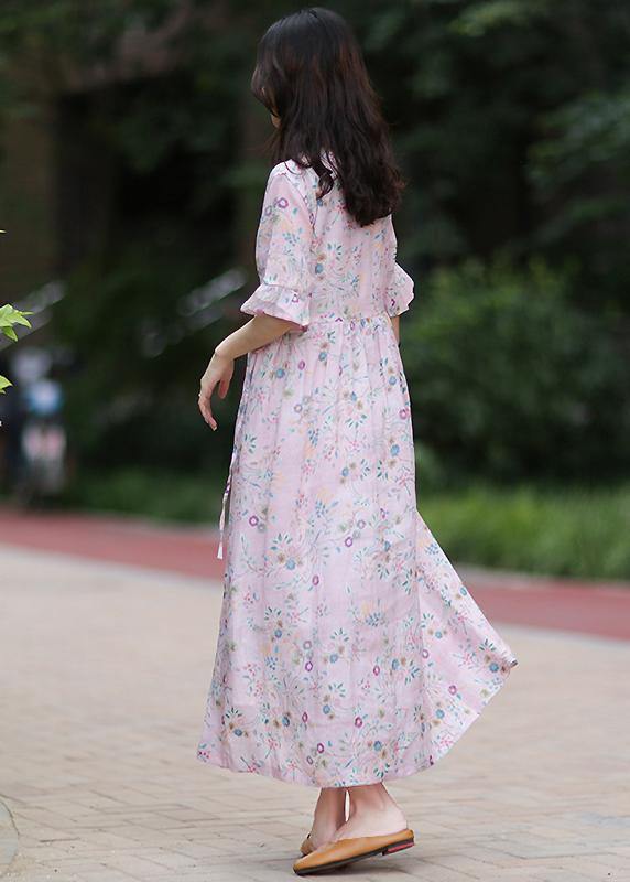Style V Neck Tie Waist Linen Long Shirts Outfits Pink Print Dress