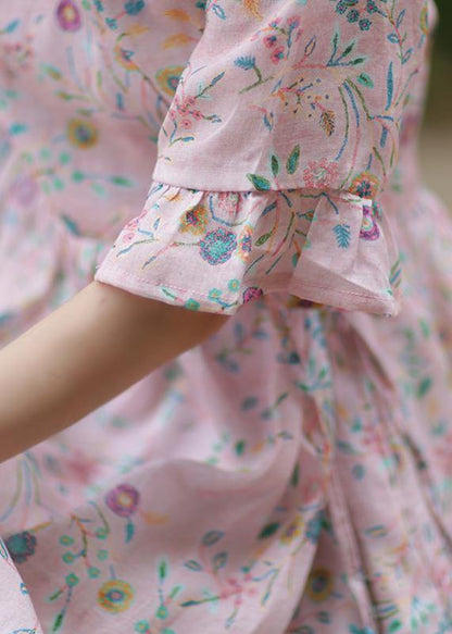 Style V Neck Tie Waist Linen Long Shirts Outfits Pink Print Dress