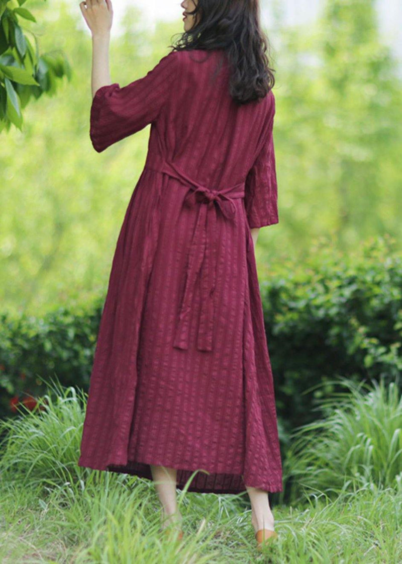 Style V Neck Tie Waist Linen Clothes Ideas Burgundy Dresses