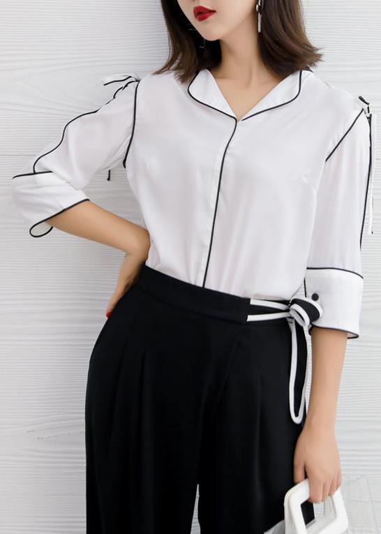 Style White Cotton Clothes V Neck Knee Summer Shirts