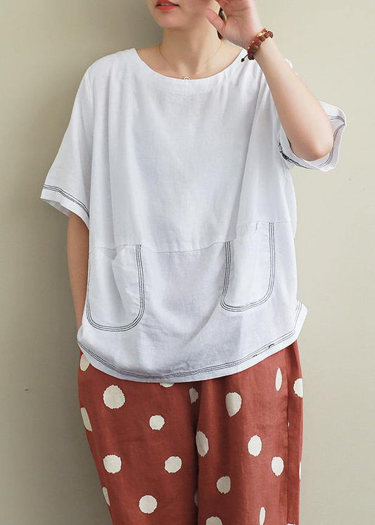 Style White Linen Crane Tops Sewing O Neck Open Wire Decoration Summer Shirts