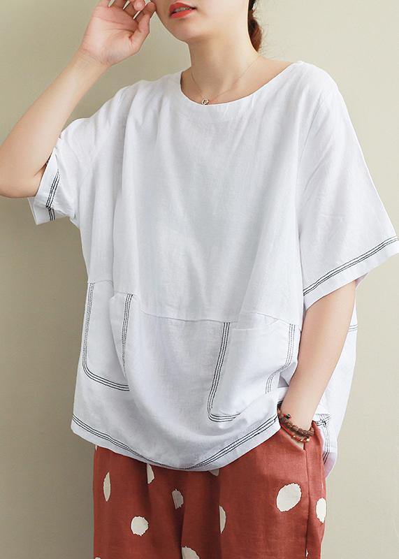 Style White Linen Crane Tops Sewing O Neck Open Wire Decoration Summer Shirts