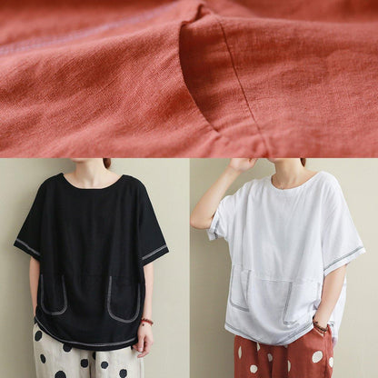 Style White Linen Crane Tops Sewing O Neck Open Wire Decoration Summer Shirts