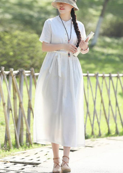 Style White Linen Quilting Dresses Tie Waist Robe Summer Dresses