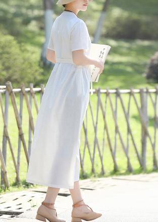 Style White Linen Quilting Dresses Tie Waist Robe Summer Dresses