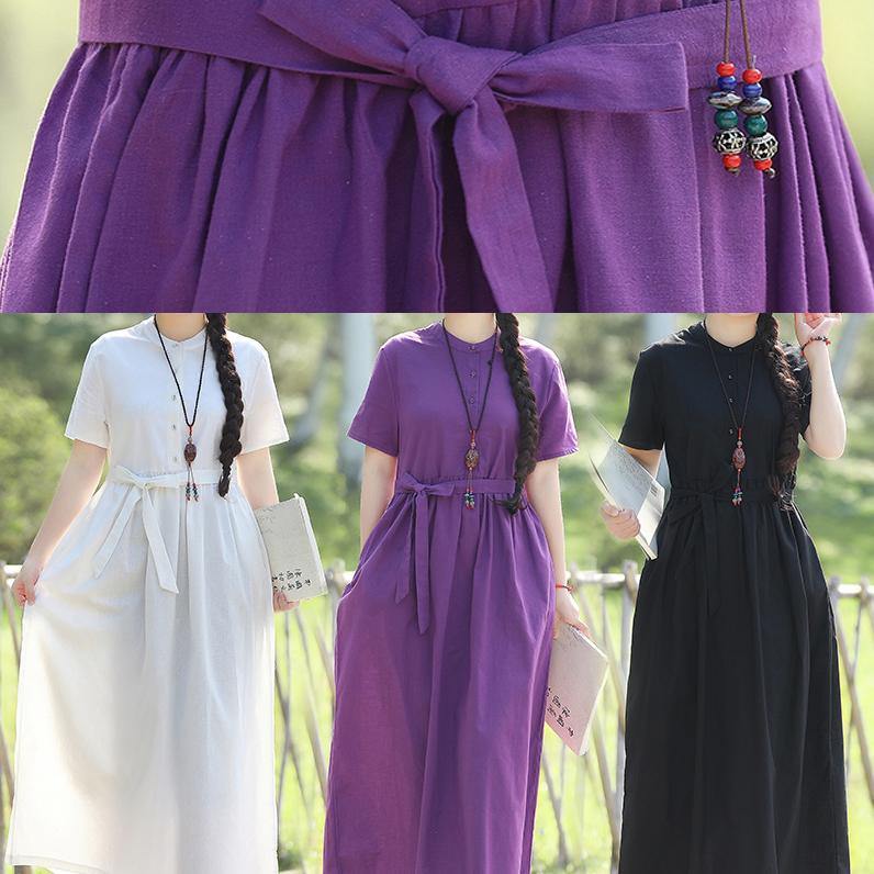 Style White Linen Quilting Dresses Tie Waist Robe Summer Dresses