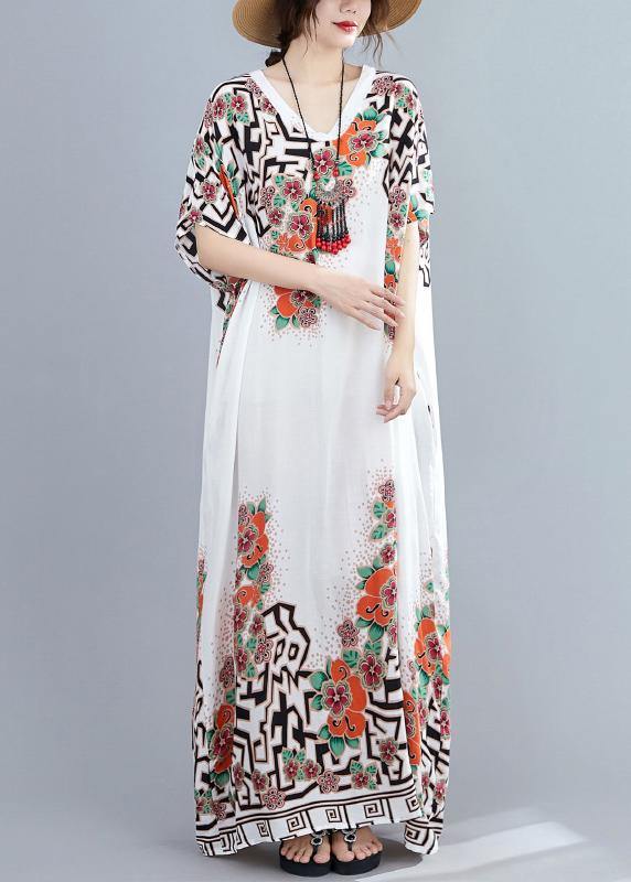 Style White Print Dress V Neck Batwing Sleeve Long Dresses