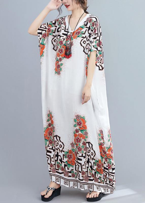 Style White Print Dress V Neck Batwing Sleeve Long Dresses