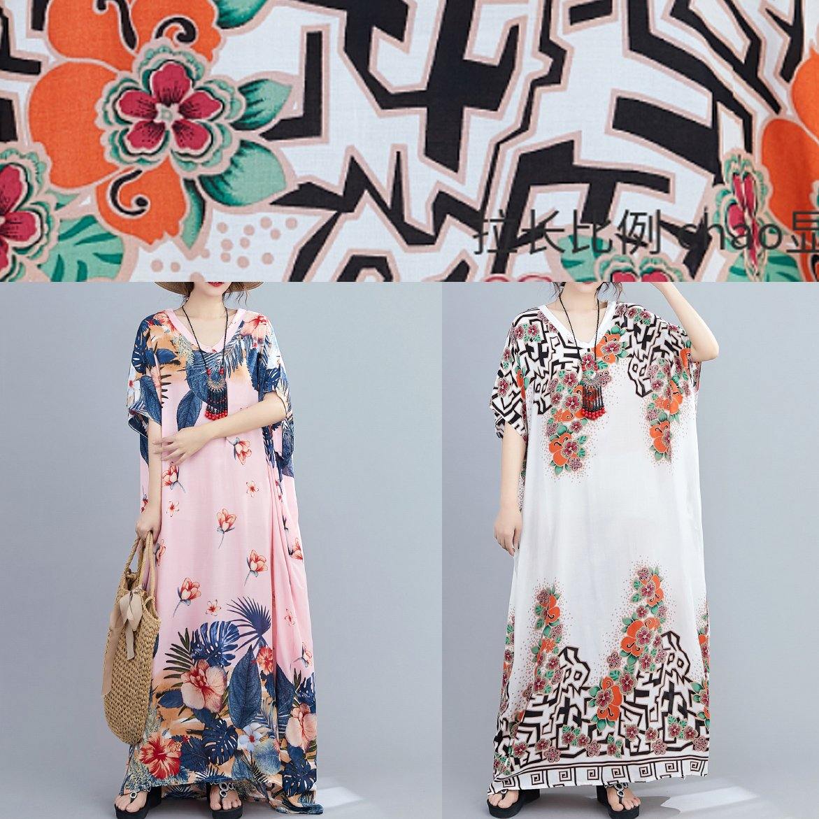 Style White Print Dress V Neck Batwing Sleeve Long Dresses