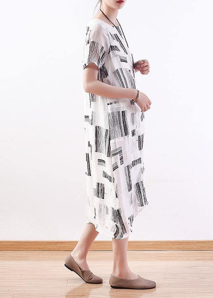 Style White Print Linen Dress O Neck Asymmetric a Line Dresses