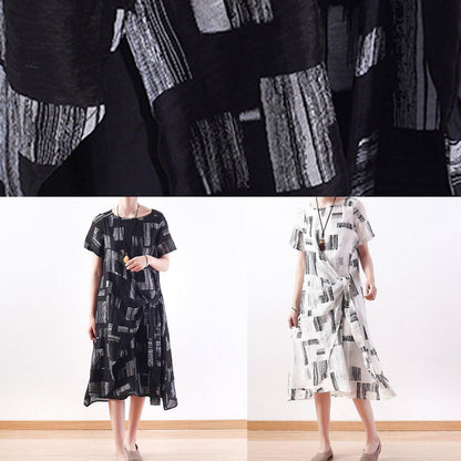 Style White Print Linen Dress O Neck Asymmetric a Line Dresses