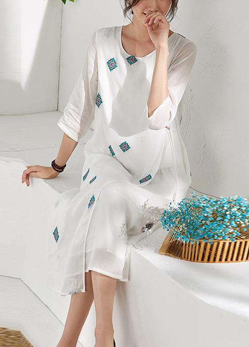 Style White Prints Linen Clothes for Bracelet Sleeved Kaftan O Neck Dresses