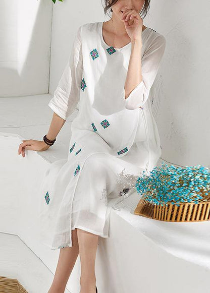 Style White Prints Linen Clothes for Bracelet Sleeved Kaftan O Neck Dresses