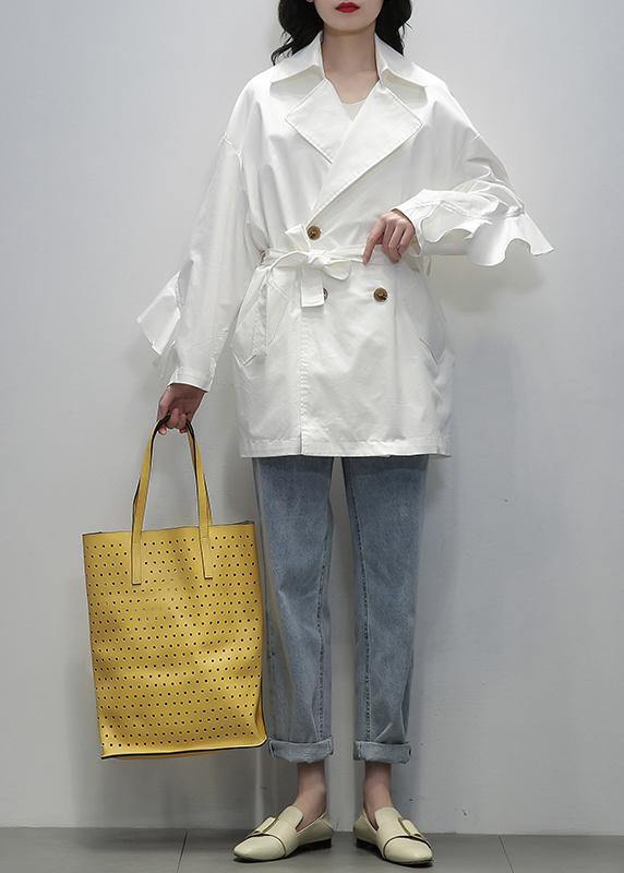 Style White Tunic Coats Notched Tie Waist Jackets