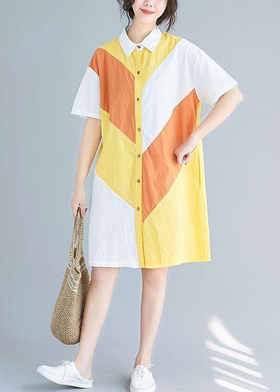 Style Yellow Cotton Tunics Lapel Patchwork Baggy Summer Dresses