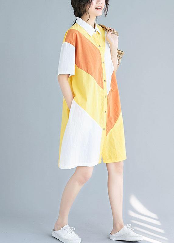 Style Yellow Cotton Tunics Lapel Patchwork Baggy Summer Dresses