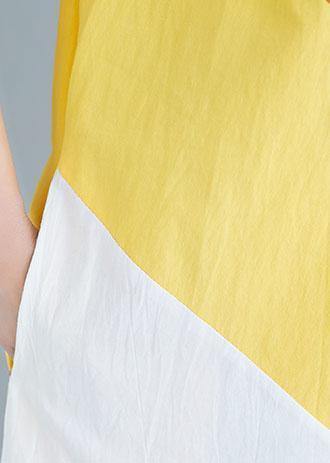 Style Yellow Cotton Tunics Lapel Patchwork Baggy Summer Dresses