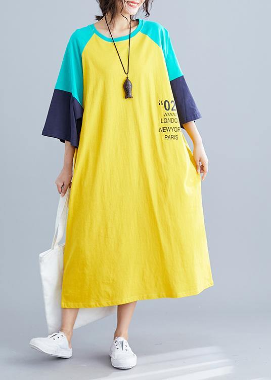 Style Yellow Patchwork Cotton Tunic Top O Neck Baggy Summer Blouse