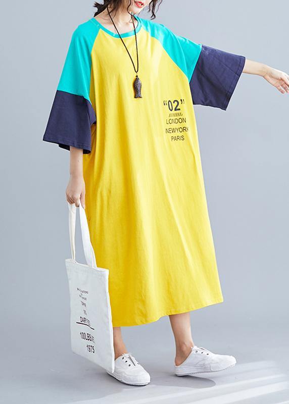Style Yellow Patchwork Cotton Tunic Top O Neck Baggy Summer Blouse