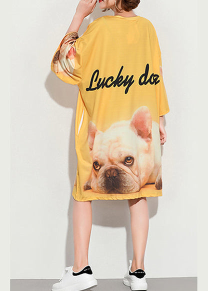 Style Yellow Print Cotton Tunic Pattern Sleeve O Neck Baggy Summer Dress