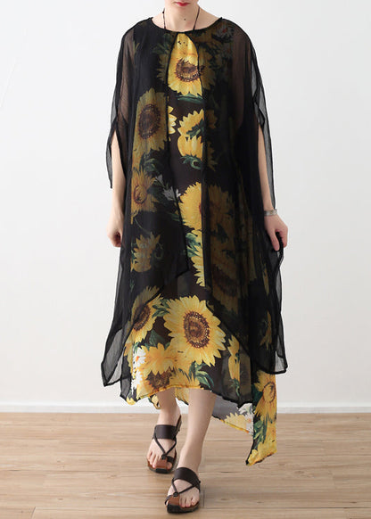 Style Yellow Print Chiffon Clothes Neckline O Neck False Two Pieces Art Summer Dress