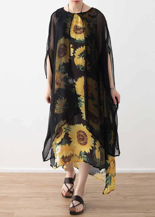 Style Yellow Print Chiffon Clothes Neckline O Neck False Two Pieces Art Summer Dress
