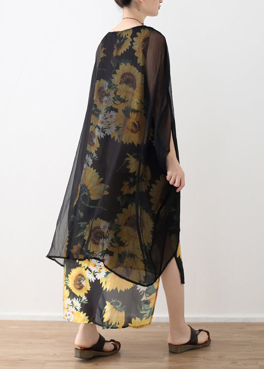 Style Yellow Print Chiffon Clothes Neckline O Neck False Two Pieces Art Summer Dress