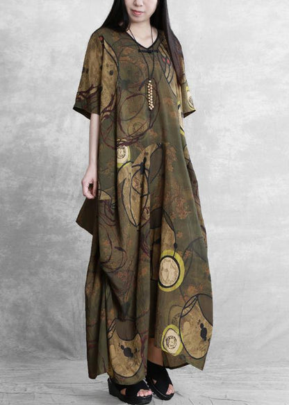 Style Yellow Print Clothes for O Neck Asymmetric Kaftan Dress