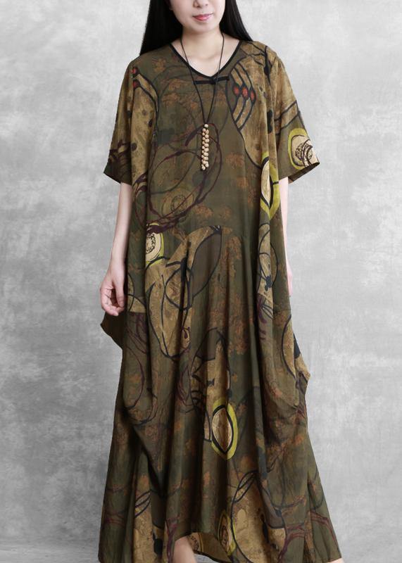 Style Yellow Print Clothes for O Neck Asymmetric Kaftan Dress