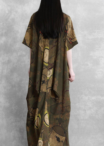Style Yellow Print Clothes for O Neck Asymmetric Kaftan Dress