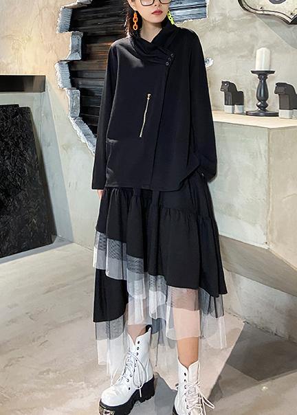 Style Zippered Three-dimensional Decoration Tops Black Baggy Blouse