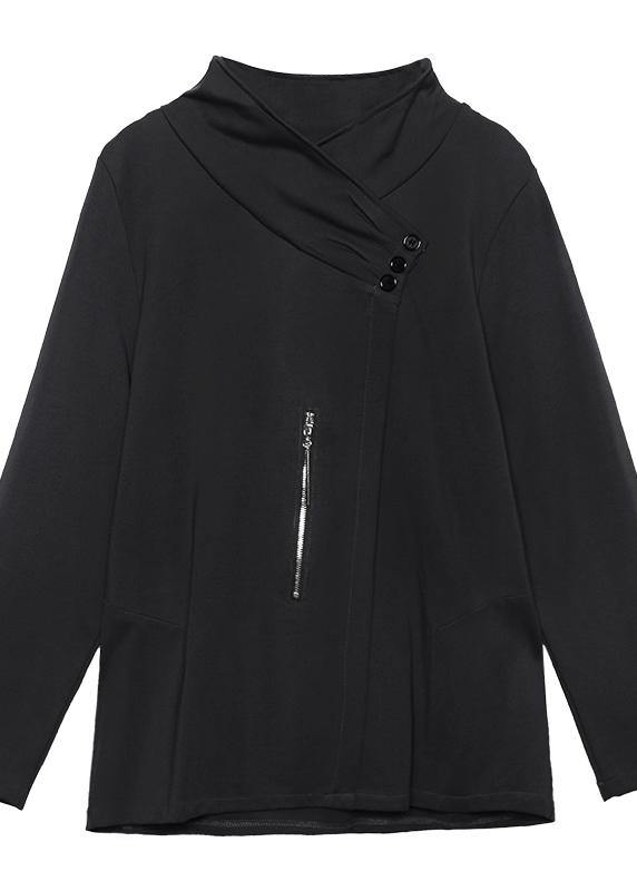 Style Zippered Three-dimensional Decoration Tops Black Baggy Blouse