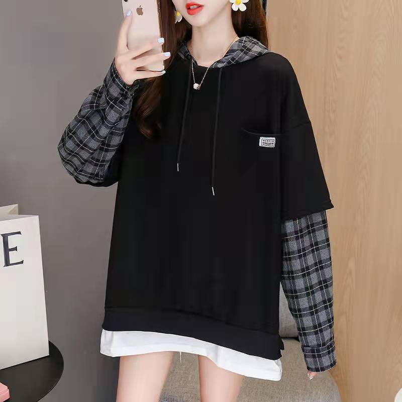 Style False Two Pieces Cotton Hooded Clothes Neckline Army Green Blouse