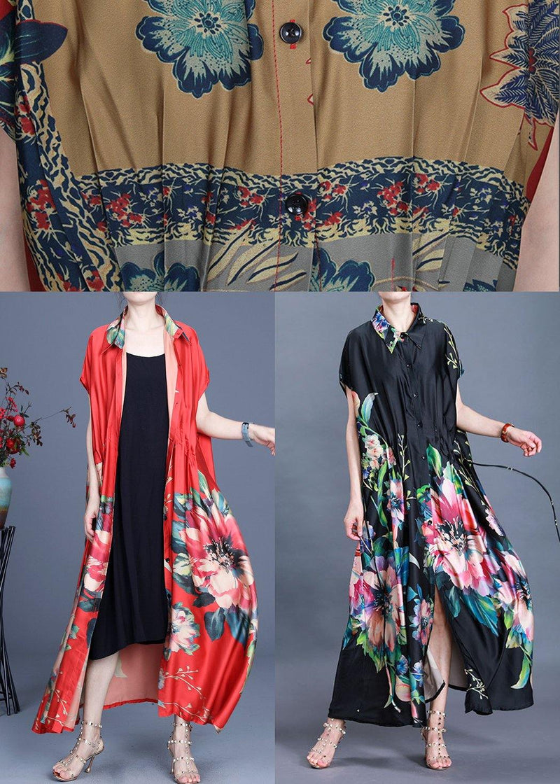 Stylish Red Grey Print Summer Peter Pan Collar Cardigan Long