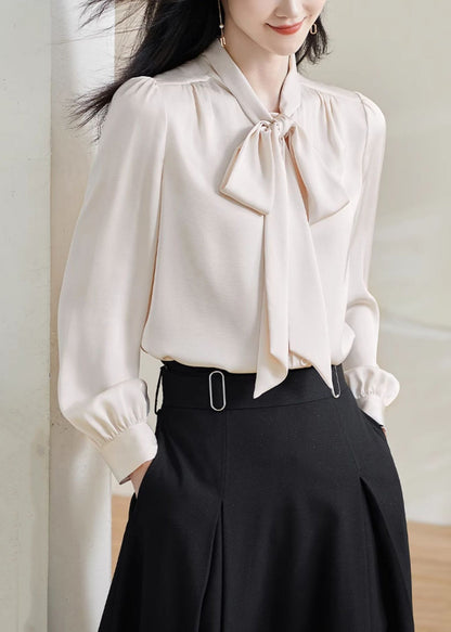 Stylish Apricot Bow Solid Silk Shirts Fall