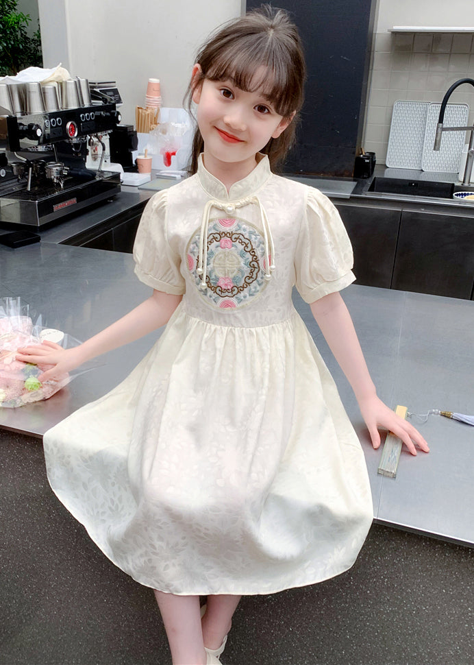 Stylish Apricot Embroideried Patchwork Button Long Dress Summer