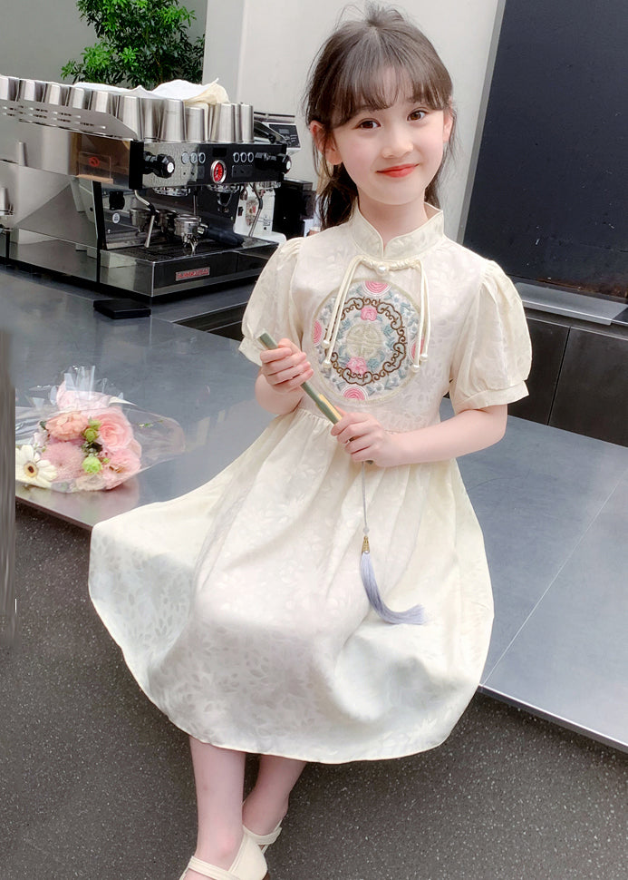 Stylish Apricot Embroideried Patchwork Button Long Dress Summer