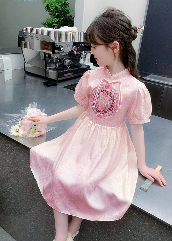 Stylish Apricot Embroideried Patchwork Button Long Dress Summer