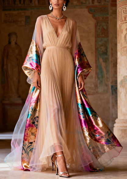 Stylish Apricot Exra Large Hem Patchwork Chiffon Pleated Dress Summer