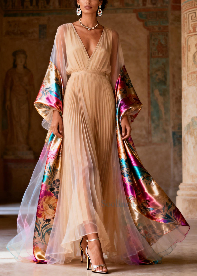 Stylish Apricot Exra Large Hem Patchwork Chiffon Pleated Dress Summer