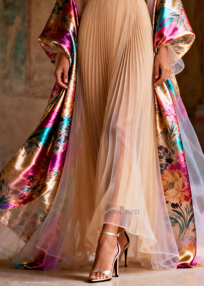 Stylish Apricot Exra Large Hem Patchwork Chiffon Pleated Dress Summer